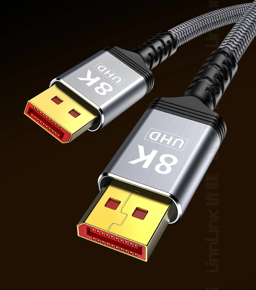HDMI cable with UHD 8K label on a dark background