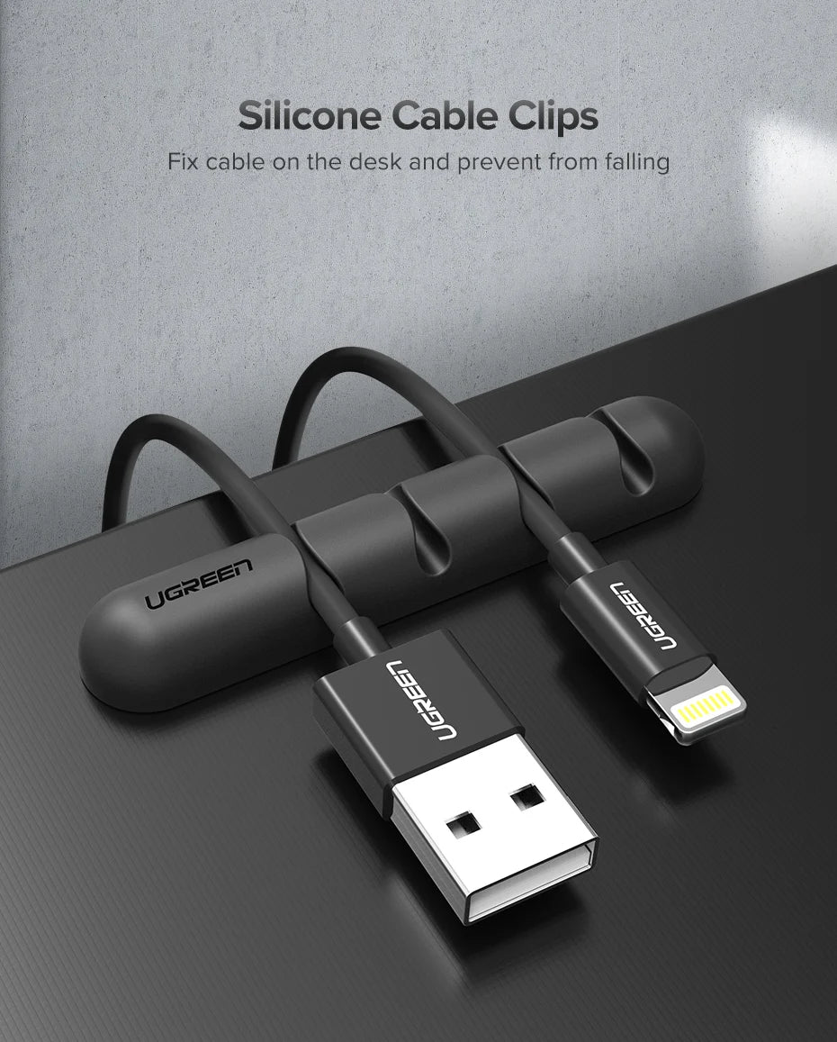 Ugreen silicone cable clips on a USB cable against a gray background
