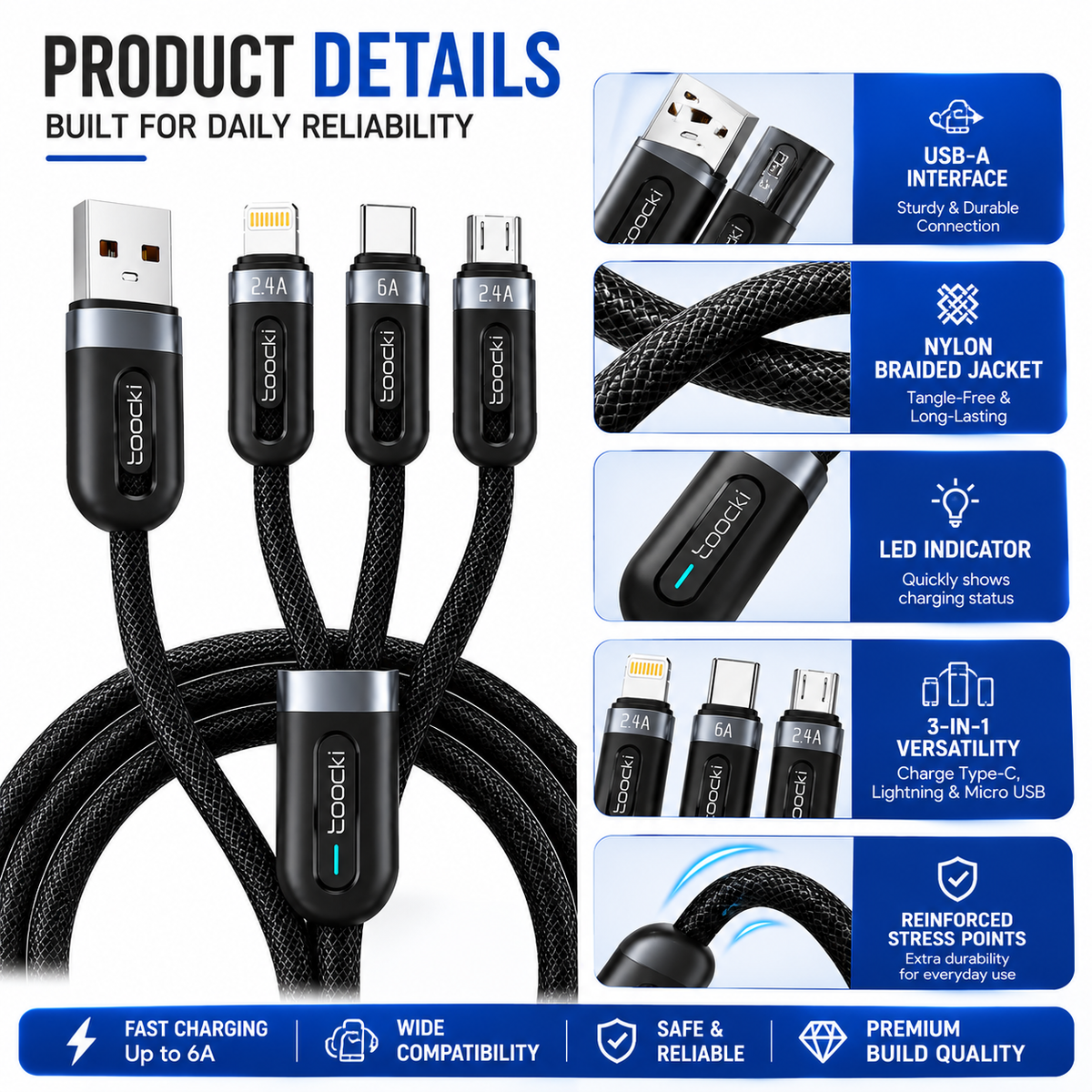 A multi-connector black braided USB cable shown with feature callouts on a white background. The image includes close-up product views, text such as 'Product Details' and 'Built for Daily Reliability,' and feature badges for USB-A interface, nylon braided jacket, LED indicator, 3-in-1 versatility, and reinforced stress points.