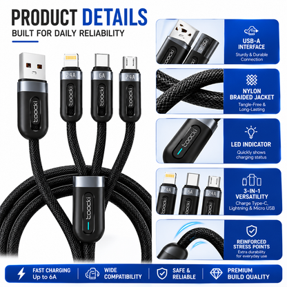 A multi-connector black braided USB cable shown with feature callouts on a white background. The image includes close-up product views, text such as 'Product Details' and 'Built for Daily Reliability,' and feature badges for USB-A interface, nylon braided jacket, LED indicator, 3-in-1 versatility, and reinforced stress points.