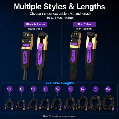 Promotional graphic for Venum CAT7 Ethernet cables showing multiple style and length options. The top half displays two cable styles: a round black and purple cable labeled 'Black & Purple Round Cable' and a flat black cable labeled 'Flat Cable High Flexibility'.