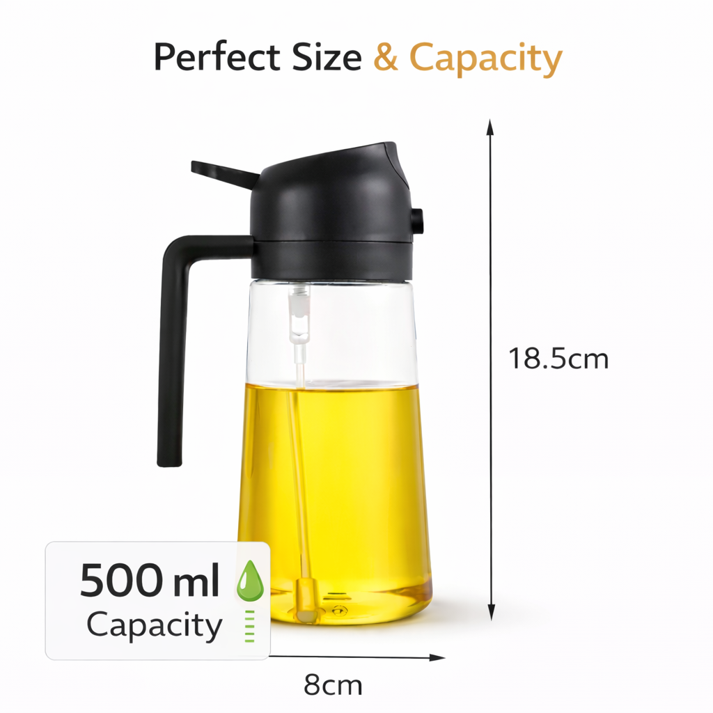 Glass oil bottle with black cap and measurement details on a white background