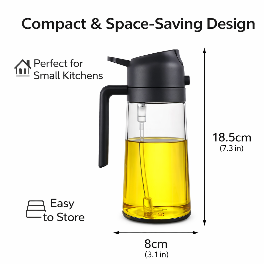 Yellow oil bottle with black cap on a white background, labeled as compact and space-saving for small kitchens.