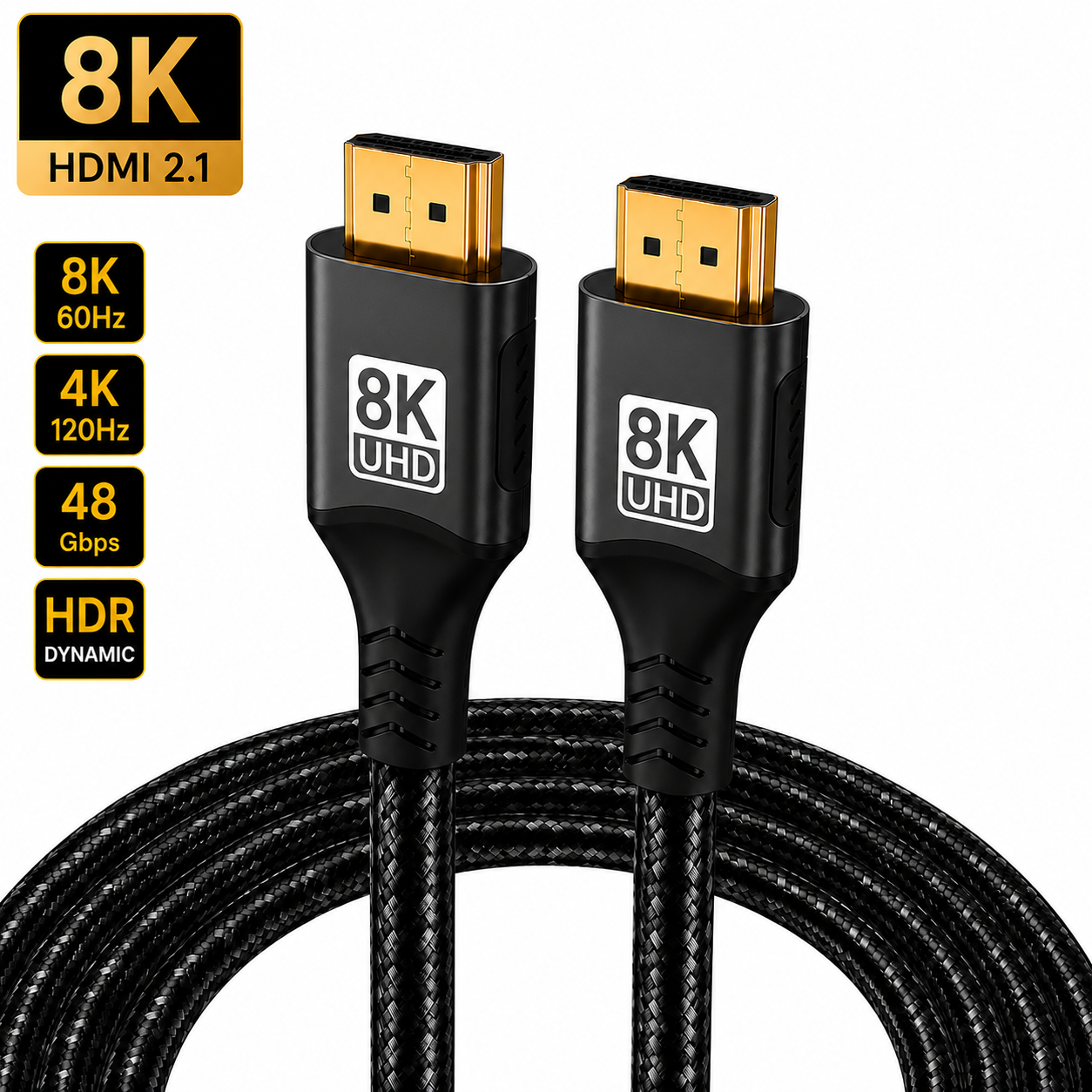 Black braided HDMI 2.1 cable with gold-plated connectors, compatible with PS5, Xbox Series X/S, Gaming PC, Laptop, Blu-ray Player, and AV Receiver — supports 8K UHD, 48Gbps, HDR, and HDCP 2.2