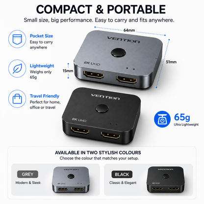 A promotional product graphic for a VENTION 8K UHD HDMI splitter. The image shows two compact square electronic devices, one in grey and one in black, with dimension lines indicating 64mm by 51mm and a thickness of 15mm.