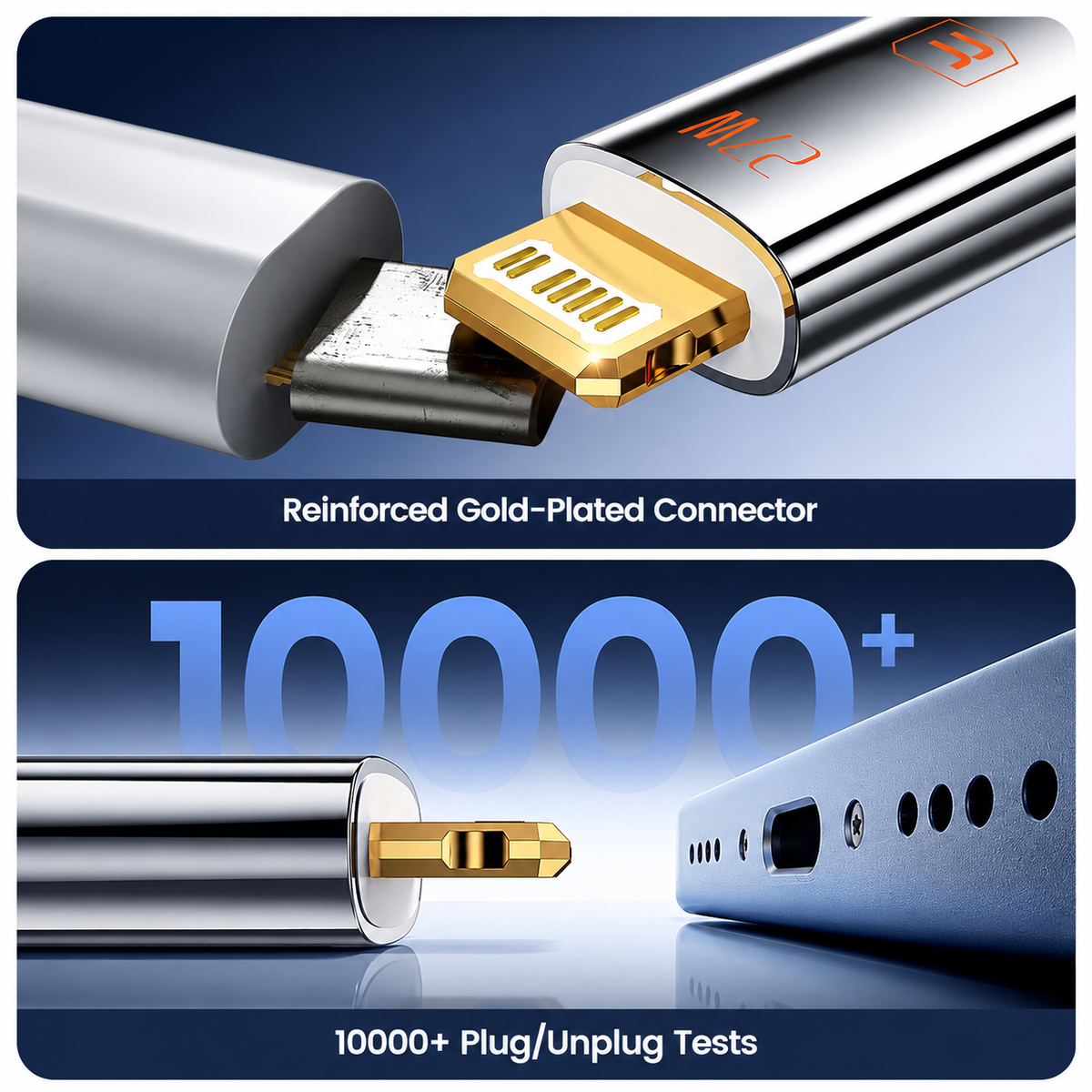 Promotional product graphic showing a silver and gold USB-C to Lightning cable connector with text overlays reading 'Reinforced Gold-Plated Connector' and '10000+ Plug/Unplug Tests' on a blue gradient background.