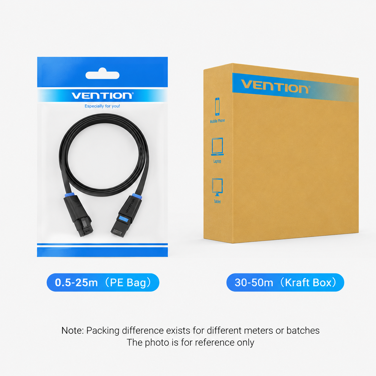 A Vention cable shown in its blue-and-white PE bag packaging next to its brown kraft box packaging, with text indicating lengths 0.5-25m for the PE Bag and 30-50m for the Kraft Box, on a light gray background.