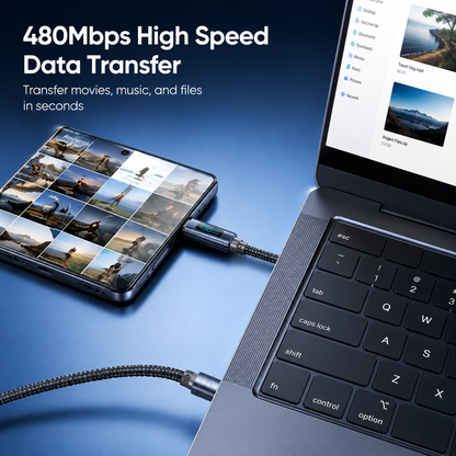 A braided USB-C cable connected to a laptop and a portable media player, shown with marketing text reading '480Mbps High Speed Data Transfer' on a blue gradient background.