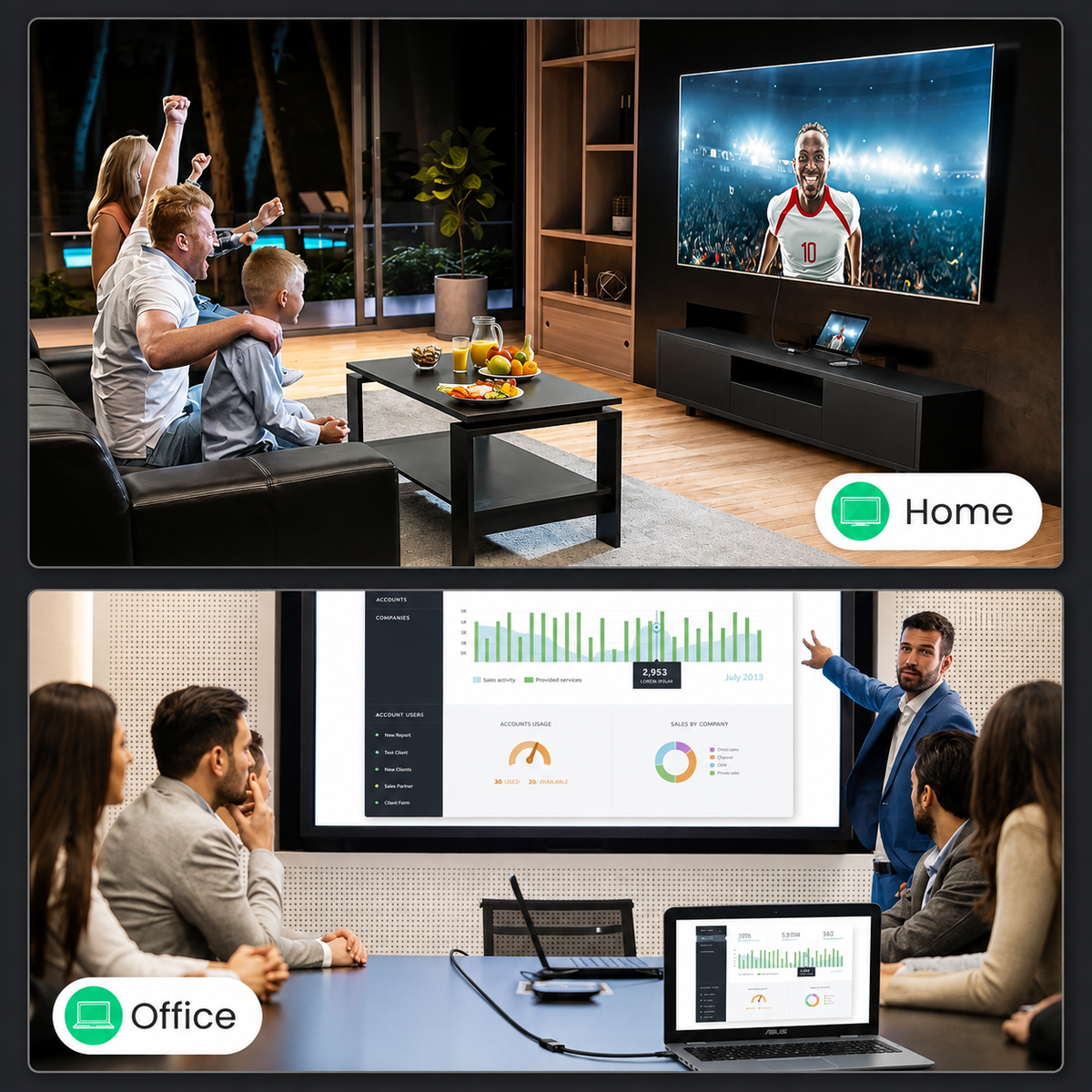 A split-screen comparison showing a family watching a soccer game on a large TV in a living room labeled 'Home', and a business meeting with people viewing analytics dashboards on a large screen in an office labeled 'Office'.
