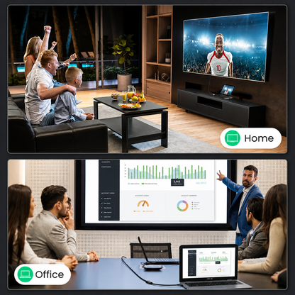 A split-screen comparison showing a family watching a soccer game on a large TV in a living room labeled 'Home', and a business meeting with people viewing analytics dashboards on a large screen in an office labeled 'Office'.