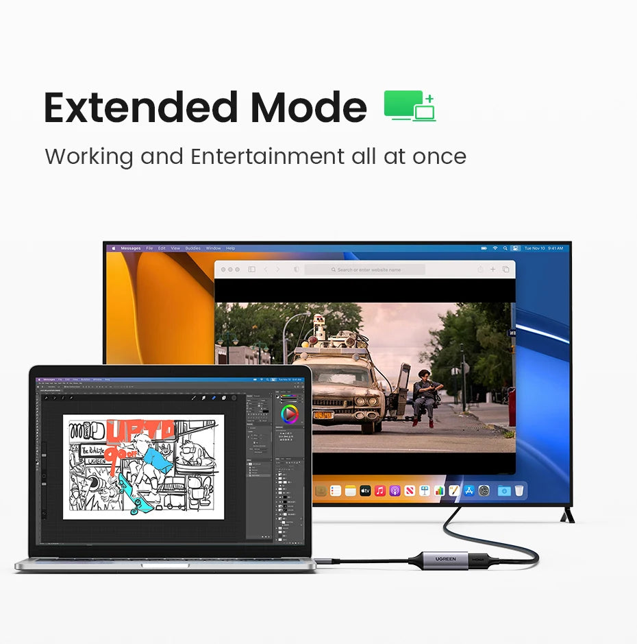 A laptop and a large monitor connected by a cable, shown with marketing text reading 'Extended Mode' and the slogan 'Working and Entertainment all at once.' The laptop screen displays digital artwork, and the monitor shows a video scene.