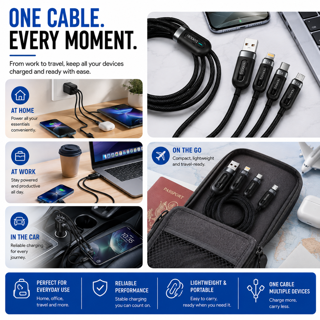 A promotional collage for a black multi-port USB-C cable and its carrying case. The top section shows the cable with multiple connectors, including USB-C, USB-A, and Lightning, alongside a laptop and phone.