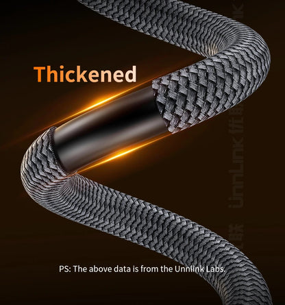 Thickened cable with braided design on a dark background, featuring the brand 'Unnlink Labs'.
