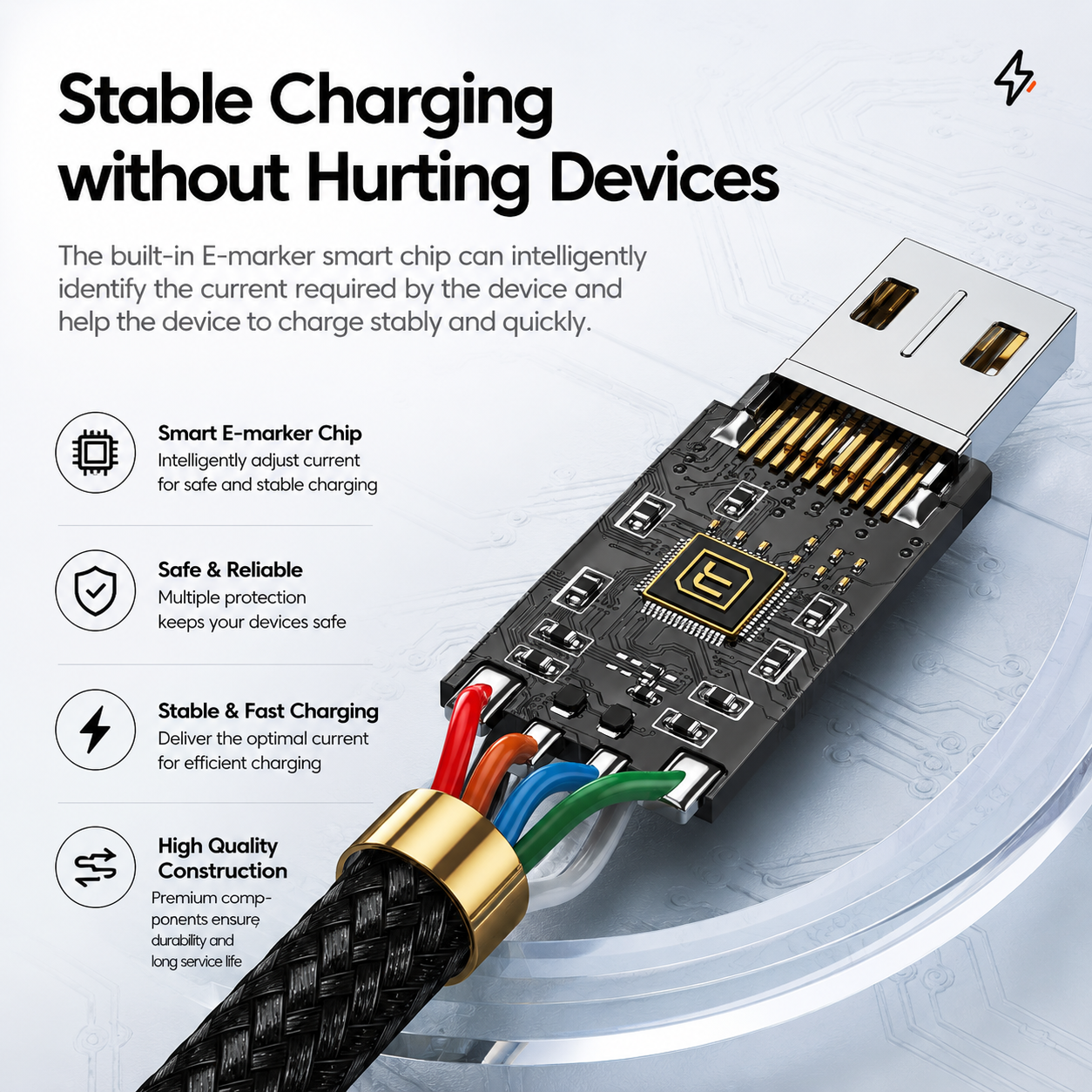 A smart USB-C charging adapter with a black printed circuit board, gold metal contacts, and multicolored cable wires, shown on a light gray background with marketing text about stable charging and feature callouts.