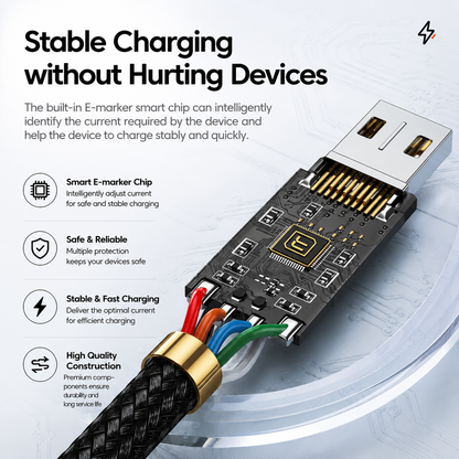 A smart USB-C charging adapter with a black printed circuit board, gold metal contacts, and multicolored cable wires, shown on a light gray background with marketing text about stable charging and feature callouts.