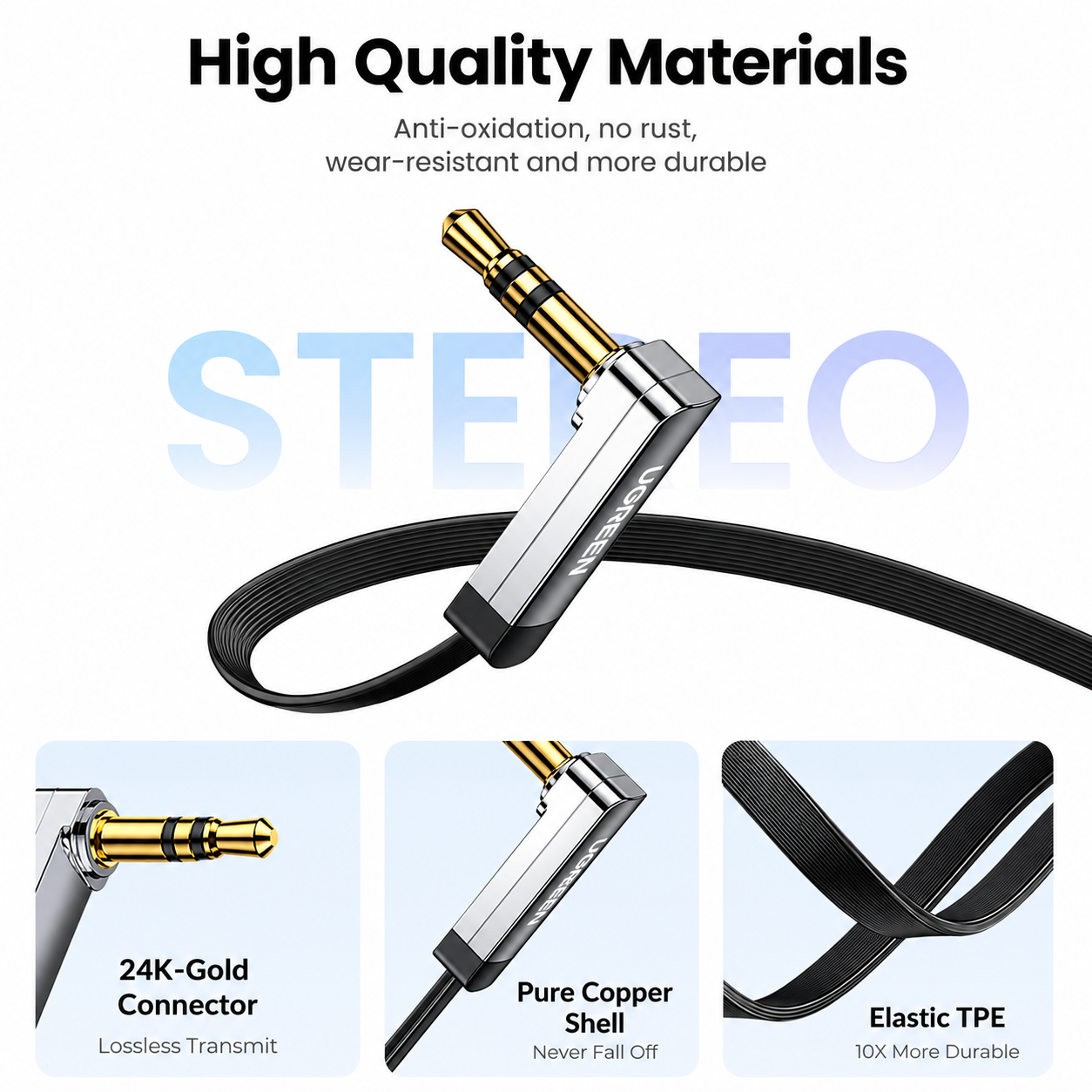 A high-quality audio cable with a 24K-gold connector and a silver-and-black metal inline protector, shown on a white background with marketing text and three feature callouts about anti-oxidation, pure copper shell, and elastic TPE.