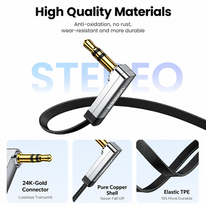 A high-quality audio cable with a 24K-gold connector and a silver-and-black metal inline protector, shown on a white background with marketing text and three feature callouts about anti-oxidation, pure copper shell, and elastic TPE.