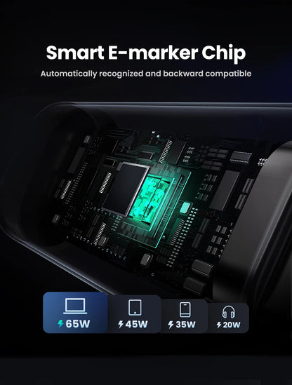 A promotional graphic for a smart E-marker chip, showing a close-up of a smartphone or device interior with a glowing green chip and text reading 'Smart E-marker Chip' and 'Automatically recognized and backward compatible.' Three icons at the bottom indicate charging speeds: 65W for a laptop, 45W for a tablet, 35W for a phone, and 20W for headphones.