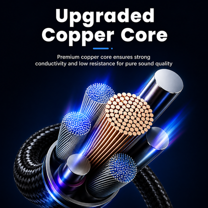 Promotional graphic for a braided cable with a copper core, showing a close-up of the internal wire structure with glowing blue highlights and the text 'Upgraded Copper Core' on a dark background.