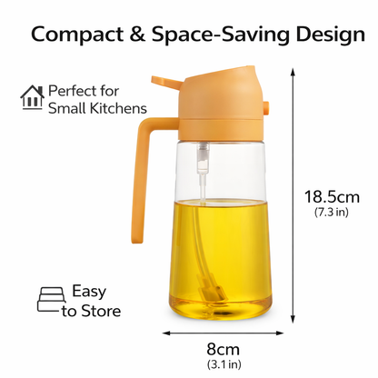 Yellow oil dispenser with measurements and text on a white background
