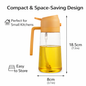 Yellow oil dispenser with measurements and text on a white background