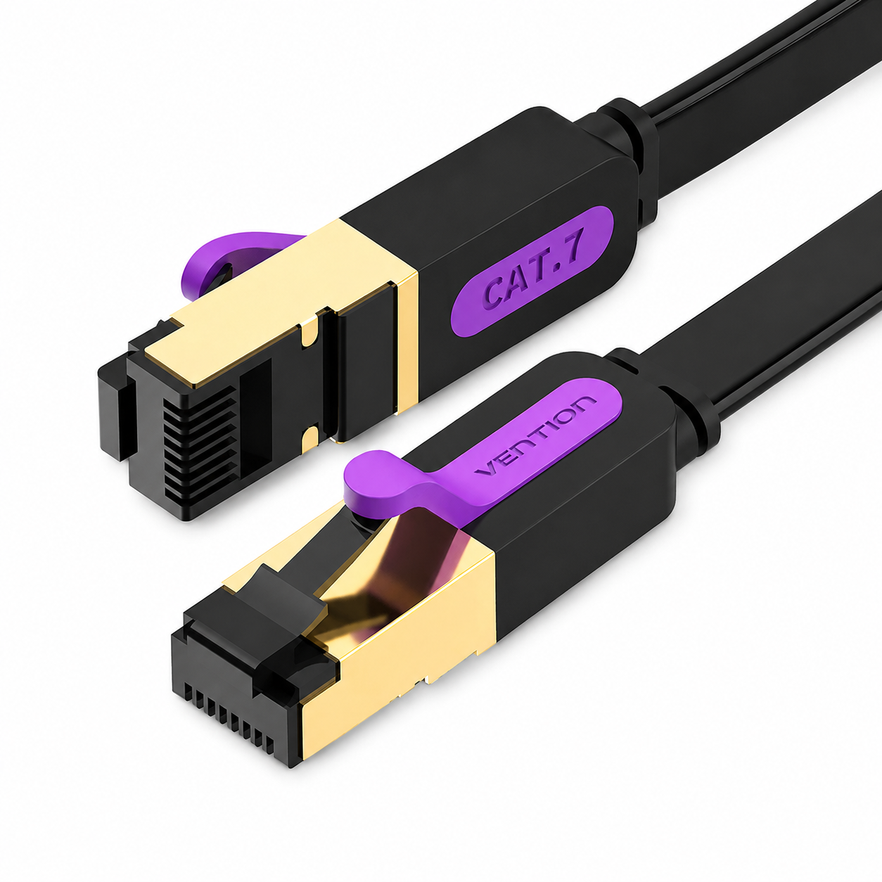 Black CAT.7 Ethernet cable with gold-plated RJ45 connectors and purple locking tabs, shown on a clean white background.
