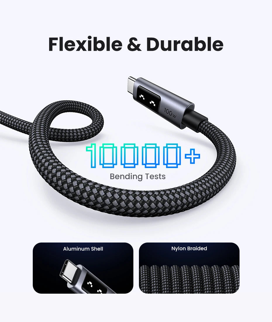 Black braided cable with connectors, labeled 'Flexible & Durable' on a white background.