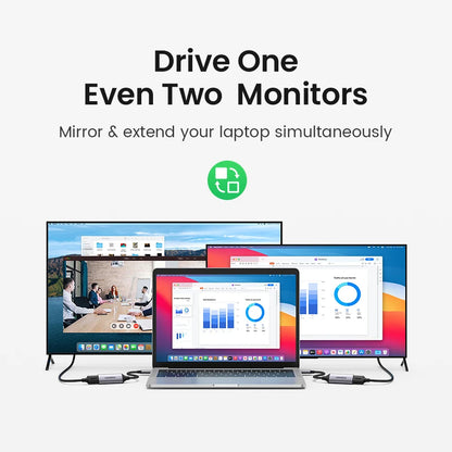 Drive One software advertisement showing three devices—a desktop monitor, a laptop, and a smaller screen—connected with cables, with the text 'Drive One Even Two Monitors' and 'Mirror & extend your laptop simultaneously' on a light gray background.