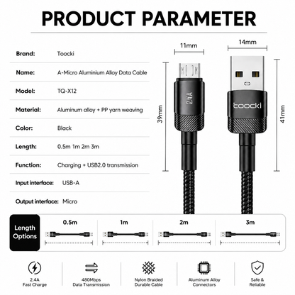 Product information graphic for a Toocki USB-A to Micro USB data cable. The image shows the cable connectors and full length with dimension labels, plus a list of product parameters such as brand, model, material, color, length, and function.