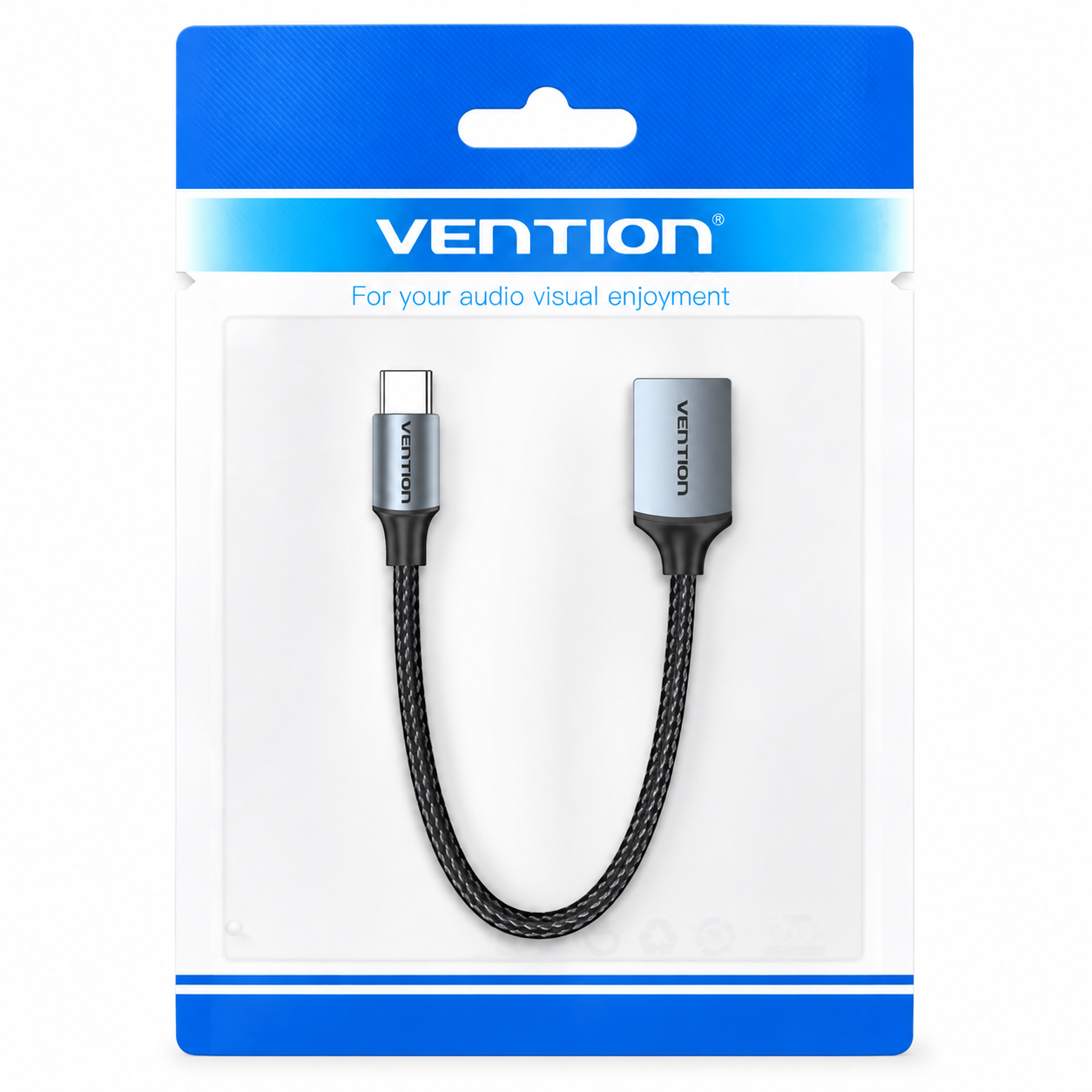 Vention USB-C to HDMI cable in its original retail blister packaging, featuring a black braided cable with silver metal connectors.