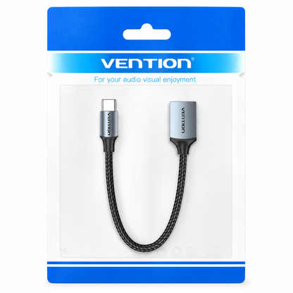 Vention USB-C to HDMI cable in its original retail blister packaging, featuring a black braided cable with silver metal connectors.