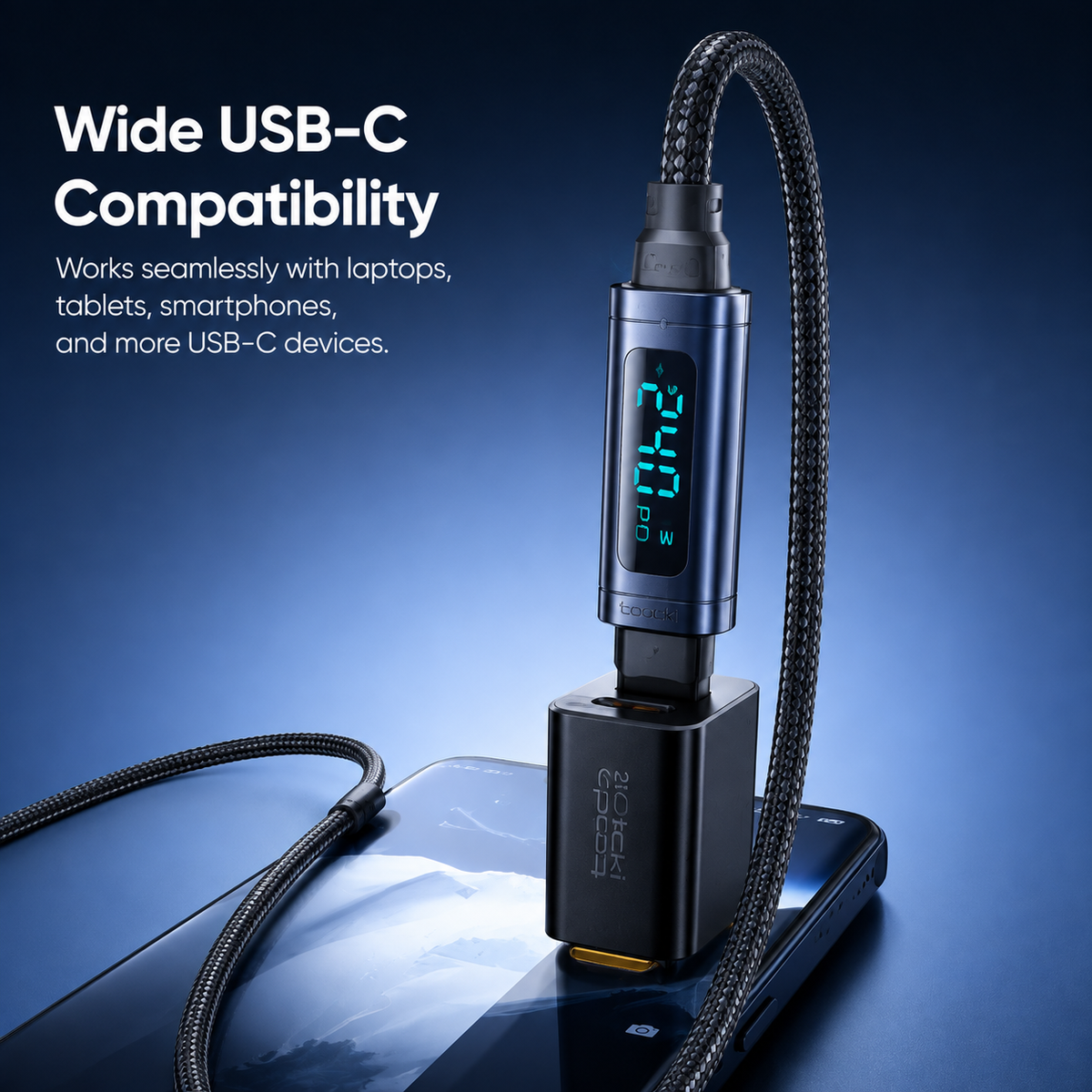 A black and dark blue USB-C power adapter with a digital display showing 240W, shown plugging into a smartphone on a blue gradient background with text reading 'Wide USB-C Compatibility'.
