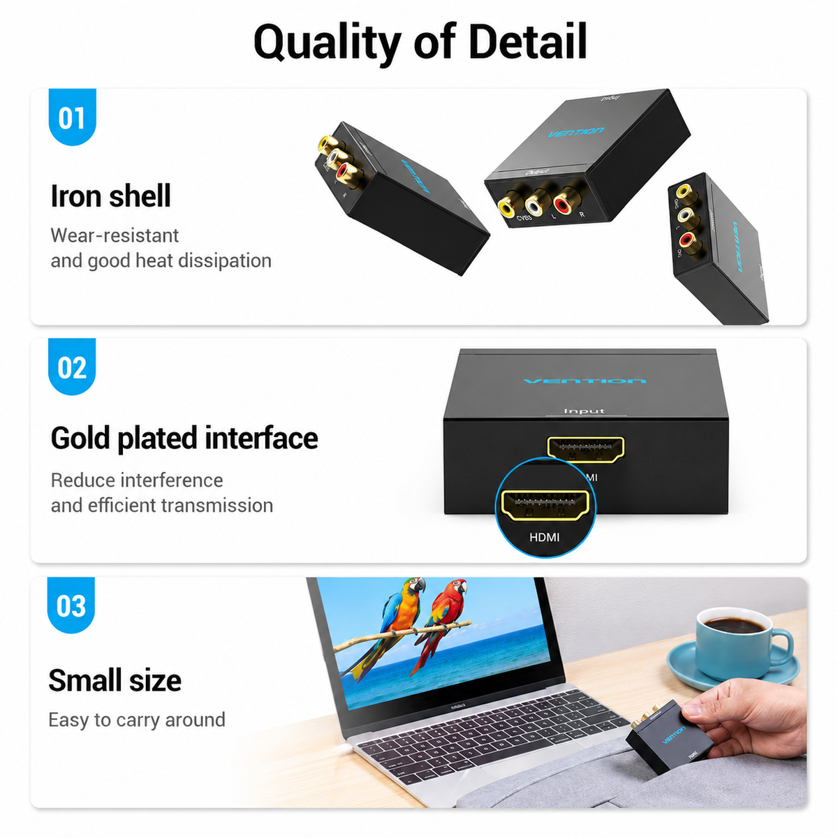 A marketing infographic titled 'Quality of Detail' showing a black Vionix HDMI adapter from three angles with feature callouts: iron shell, gold plated interface, and small size, plus a lifestyle scene of a hand holding the adapter near a laptop and coffee cup.
