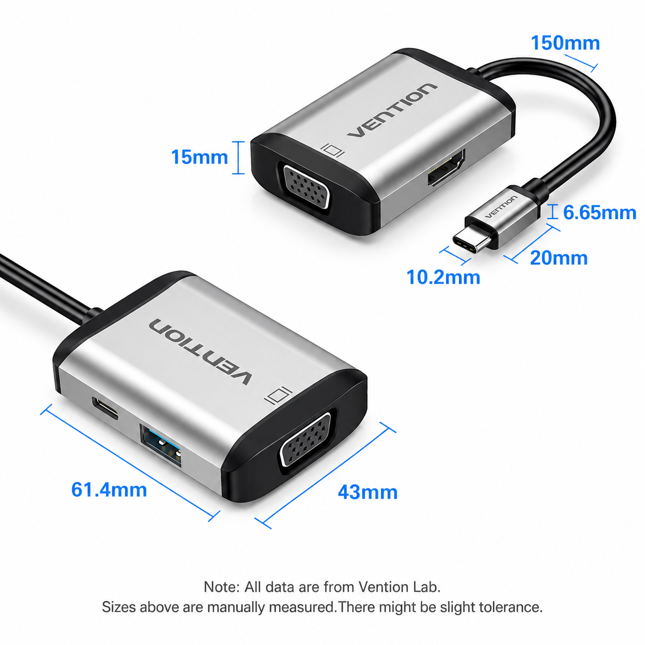 A Vention USB-C to VGA adapter shown from two angles on a white background, with blue dimension labels and measurements for the cable and adapter body. Text at the bottom notes that all data is from Vention Lab and sizes are manually measured.