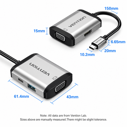 A Vention USB-C to VGA adapter shown from two angles on a white background, with blue dimension labels and measurements for the cable and adapter body. Text at the bottom notes that all data is from Vention Lab and sizes are manually measured.