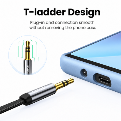 A close-up of a light blue smartphone showing the headphone jack and USB-C port, with a black and gold audio cable plugged into the jack. Text reads 'T-Ladder Design' and 'Plug-in and connection smooth without removing the phone case,' plus a circular inset highlighting the 3.