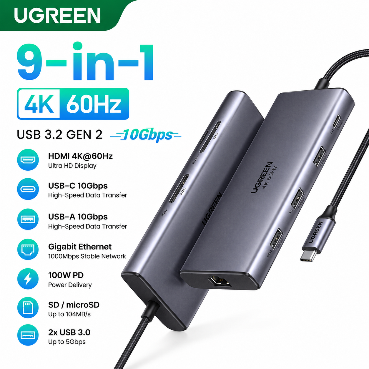 UGREEN 9-in-1 USB 3.2 Gen 2 4K 60Hz 10Gbps multi-port hub shown with two connected device mockups on a white background, with feature callouts and text listing supported interfaces and speeds.