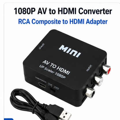 Black mini AV to HDMI converter adapter with white text and a black USB cable, shown on a white background with blue and black text overlays.