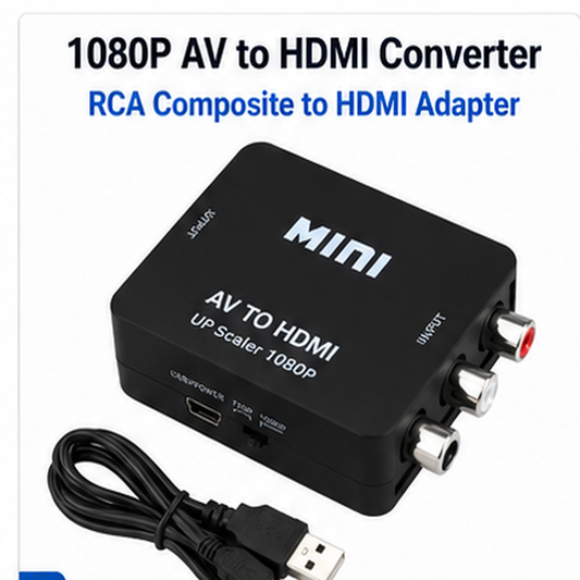 Black mini AV to HDMI converter adapter with white text and a black USB cable, shown on a white background with blue and black text overlays.