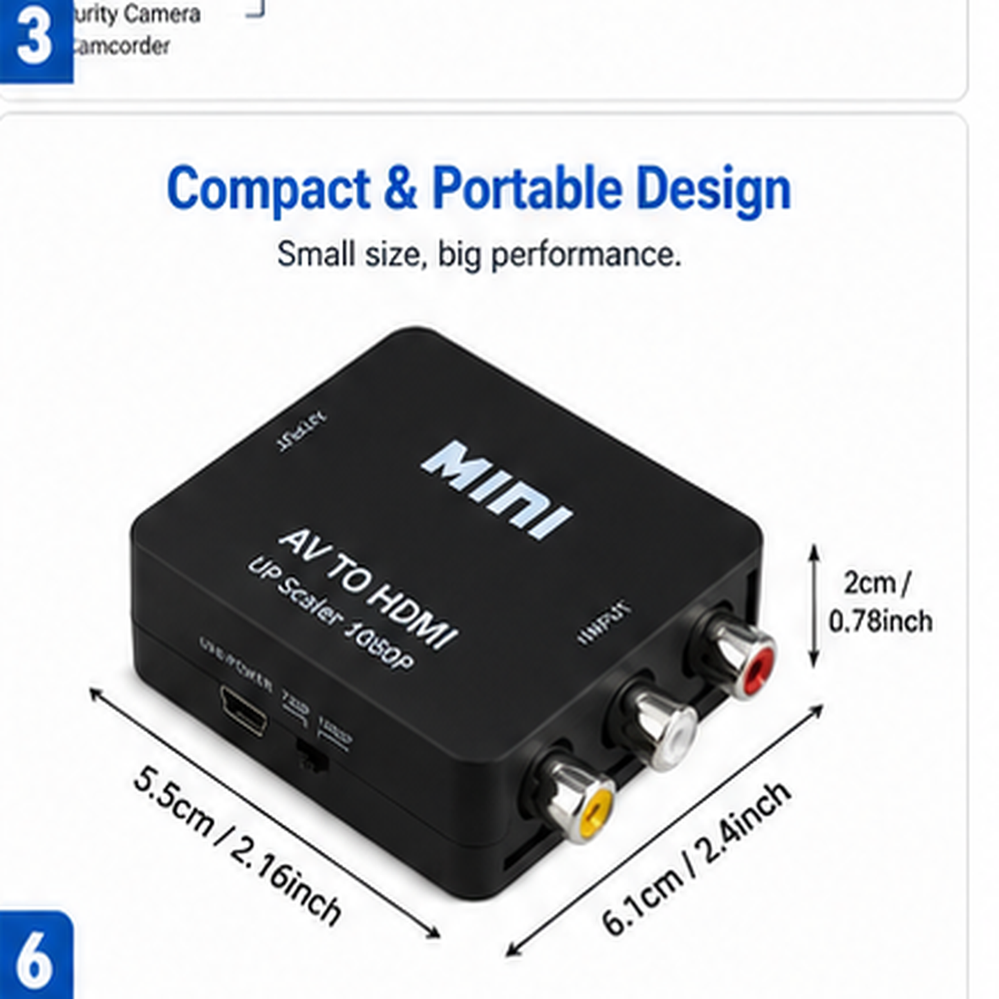 Black AV to HDMI mini UP scaler 4x1gpt device with dimension annotations showing 5.5cm, 6.
