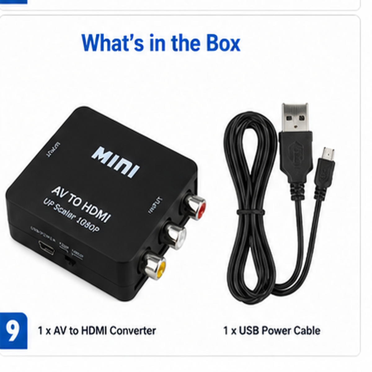 AV to HDMI Mini converter shown with a black USB power cable on a white background, with text reading 'What's in the Box' and '1 x AV to HDMI Converter' and '1 x USB Power Cable'.
