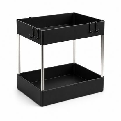 A black two-tier rolling storage cart with slim silver metal support legs and small black hanging hooks on the top rim, shown on a clean white background.