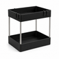 A black two-tier rolling storage cart with slim silver metal support legs and small black hanging hooks on the top rim, shown on a clean white background.