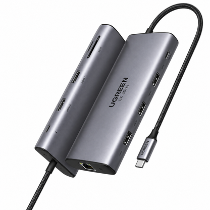 A silver UGREEN 16-in-1 hub with a black braided cable, shown on a clean white background. The product features multiple ports including USB-C, USB 3.