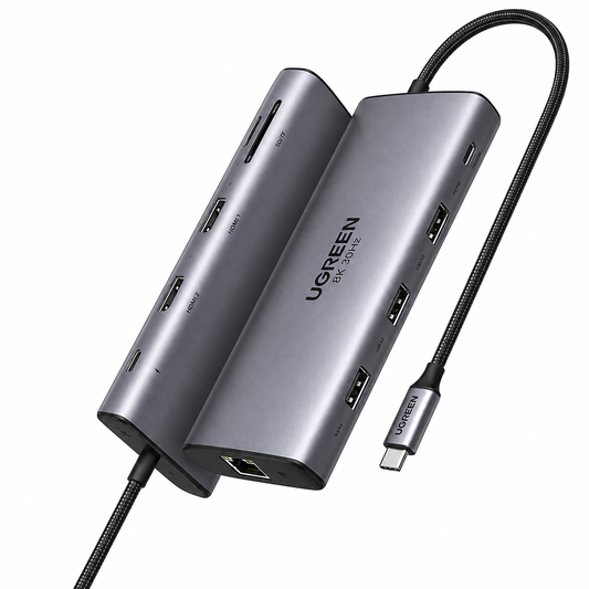 A silver UGREEN 16-in-1 hub with a black braided cable, shown on a clean white background. The product features multiple ports including USB-C, USB 3.