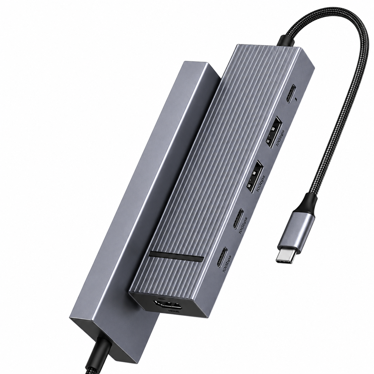A silver aluminum laptop hub with a black braided cable, featuring multiple ports including USB-C, USB-A, HDMI, and RJ45, shown on a plain white background.