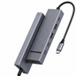 A silver aluminum laptop hub with a black braided cable, featuring multiple ports including USB-C, USB-A, HDMI, and RJ45, shown on a plain white background.