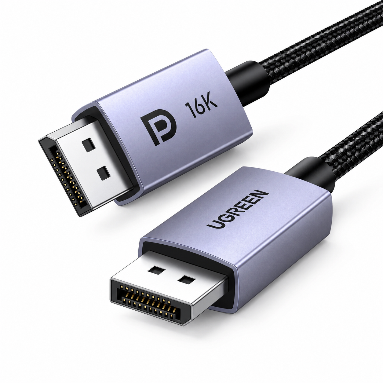 A UGREEN 16K HDMI cable with two metallic lavender-purple connector housings and a black braided cable, shown on a clean white background.
