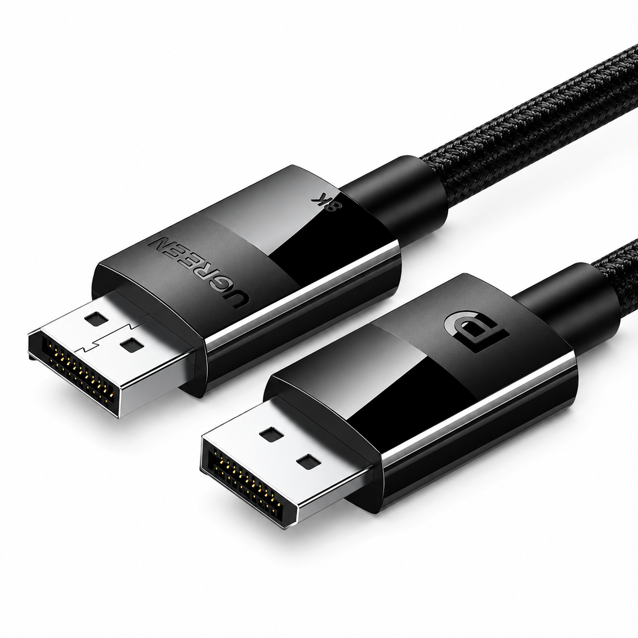 A black braided HDMI cable with glossy black and silver connector housings, shown on a clean white background.