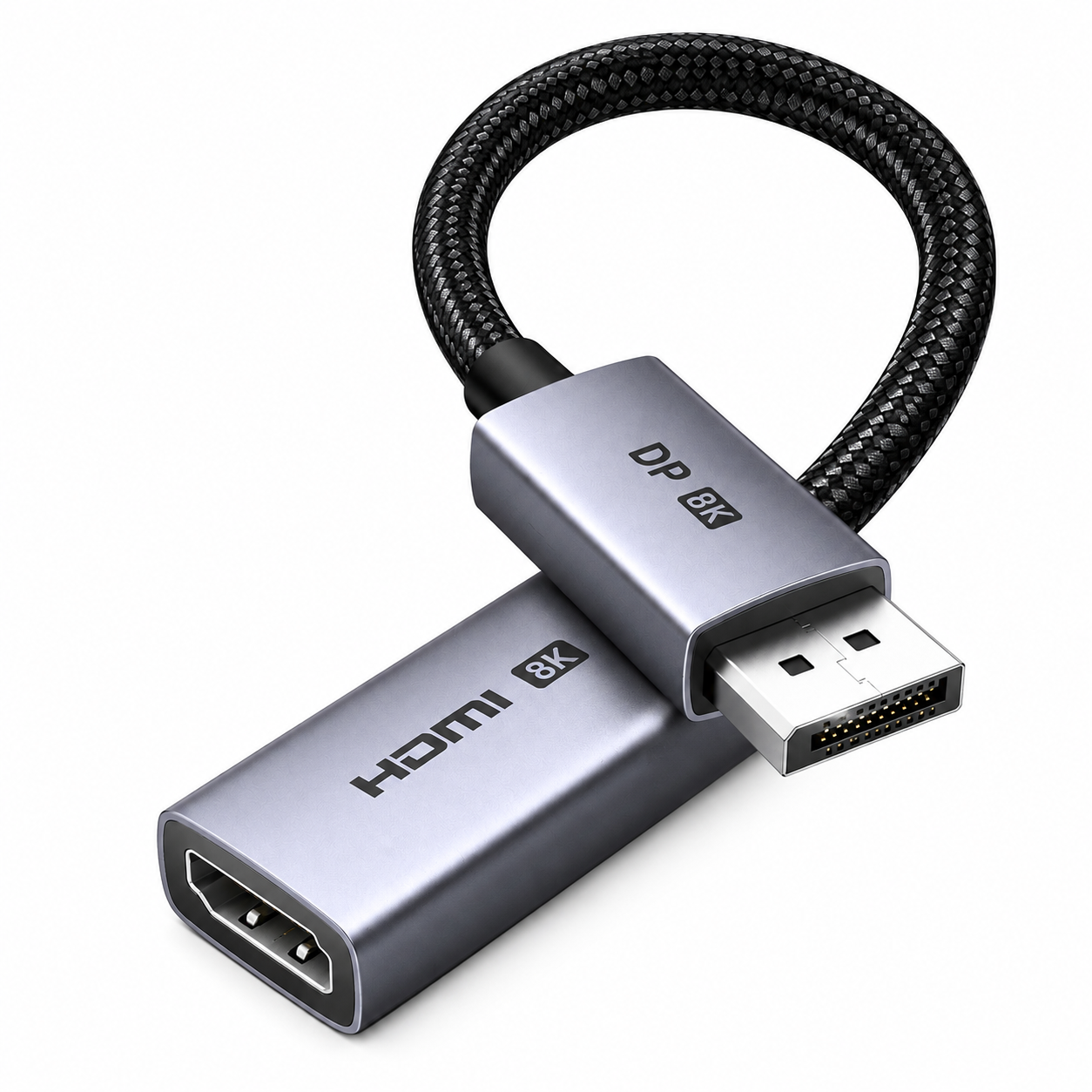A silver HDMI 2.0 to DisplayPort 2.0 adapter cable with a black braided loop, shown on a clean white background.